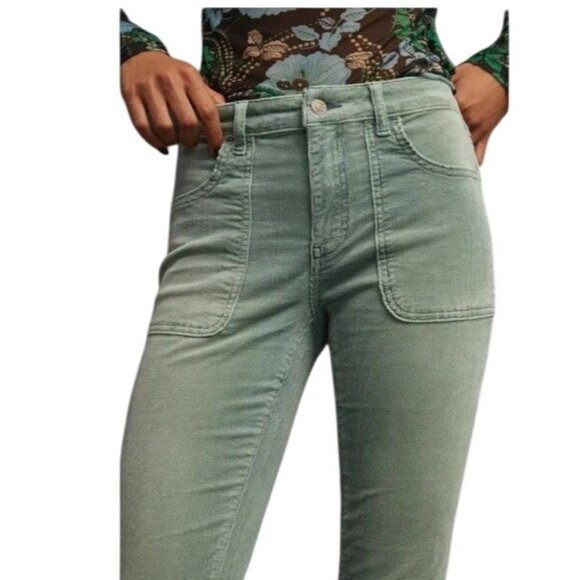 Anthropologie Pilcro 30 The Icon Mid-Rise Corduroy Chop Pocket Flare Jeans Green - Picture 2 of 16